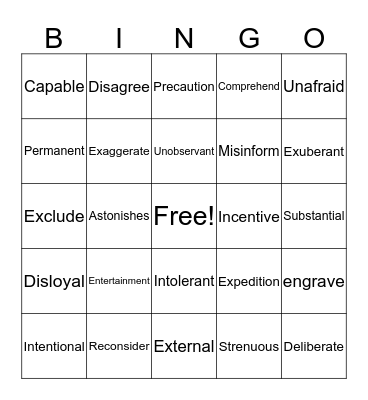 Vocabulary BINGO Card