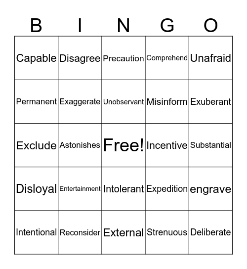 Vocabulary BINGO Card