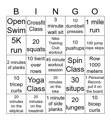 Fitness Bingo Card