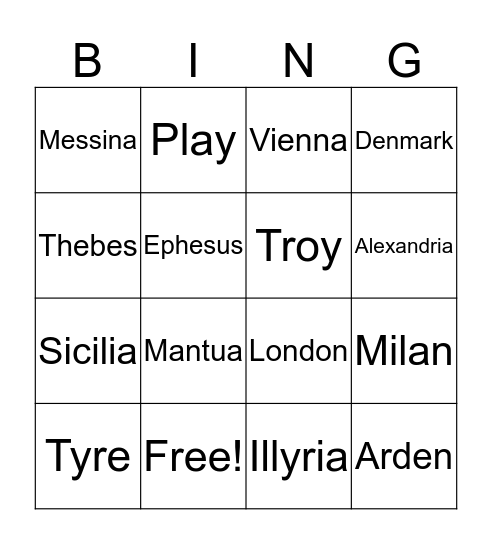 Shakespearan Settings Bingo Card
