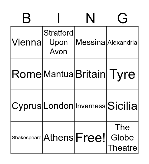 Shakespearan Settings Bingo Card