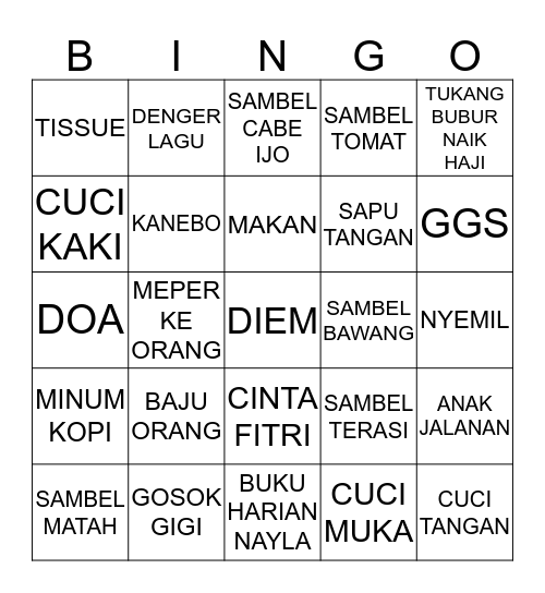 JEVAN. Bingo Card