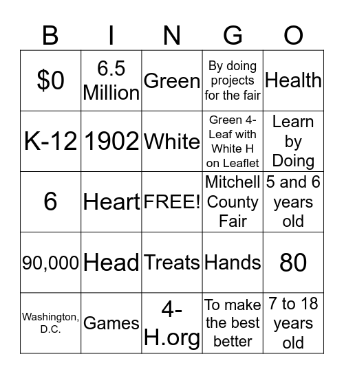 Learn About 4-H Bingo Card