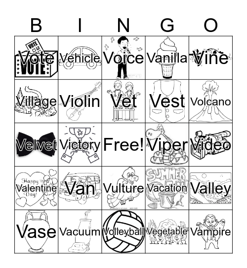 Letter V Bingo Card