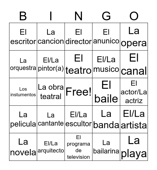 Entretenimiento y profesiones artisticas Bingo Card