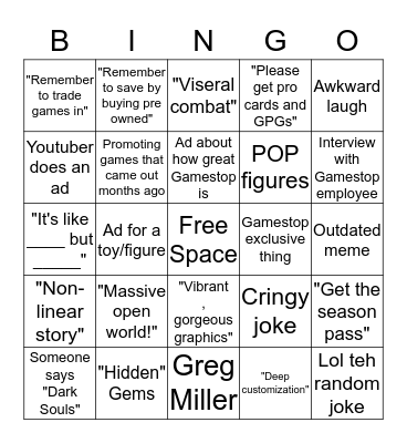 Gamestop TV Bingo Card