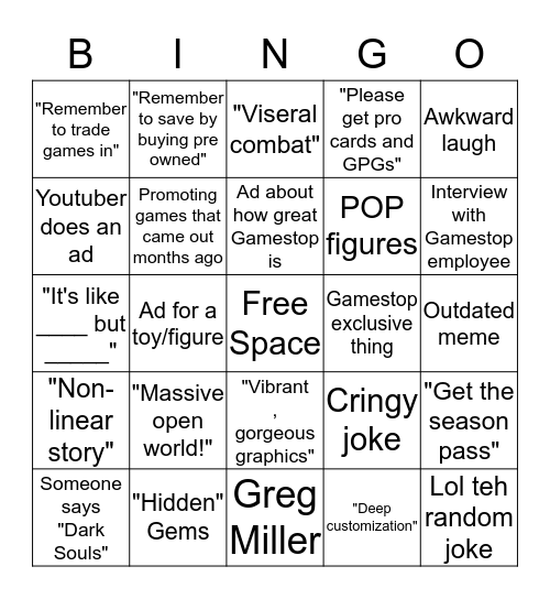 Gamestop TV Bingo Card