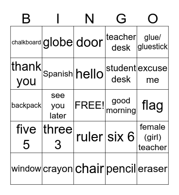 Spanish Review 1-3 Bingo Card