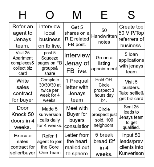 Core One Real Estate Agent Bingo Card