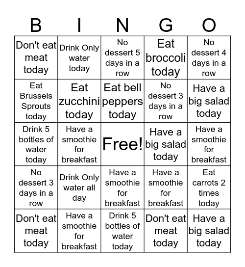 Healthy Eating Bingo Card