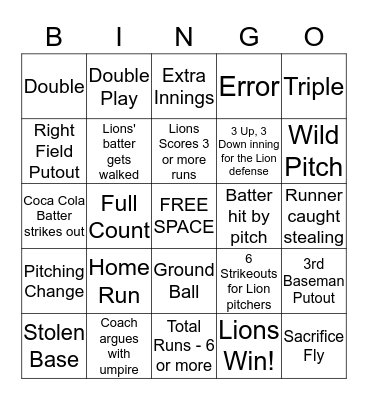 UNA Baseball Bingo Card