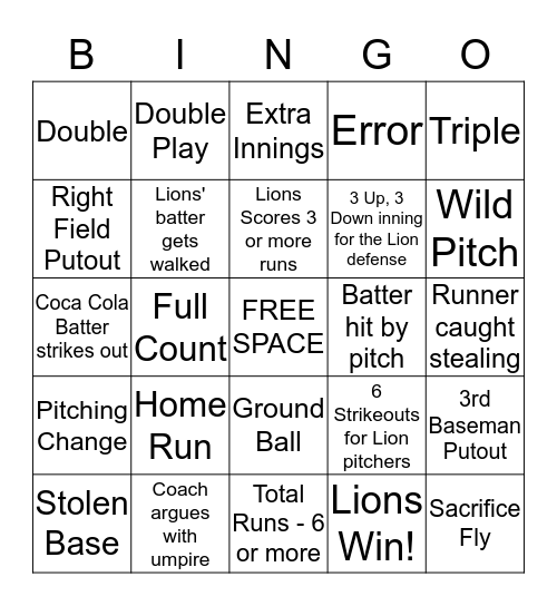 UNA Baseball Bingo Card