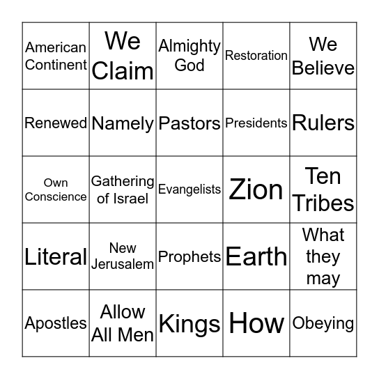 Articles of Faith Bingo 3 Bingo Card