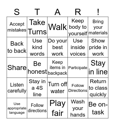Be a STAR Bingo Card