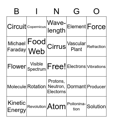 Science SOL Vocabulary Review Bingo Card