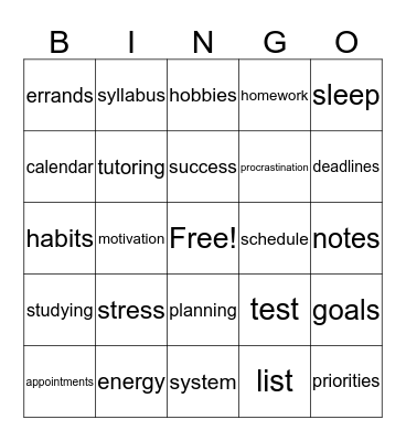 Time Management Bingo Card