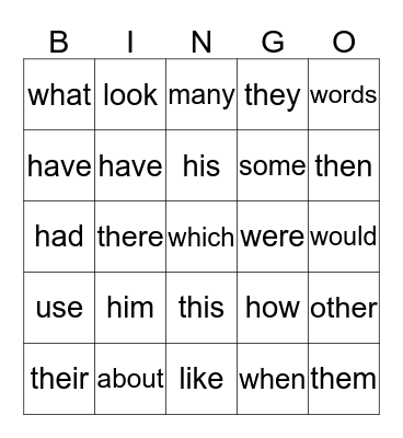 Sight Words Bingo Card