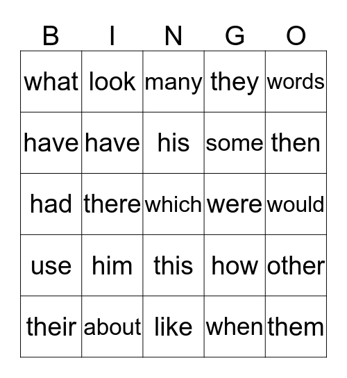 Sight Words Bingo Card