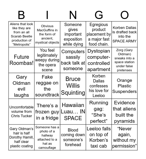 The Fifth Element Bingo Card
