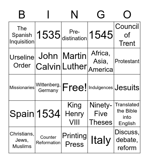 The Protestant and Catholic Reformation Bingo Card