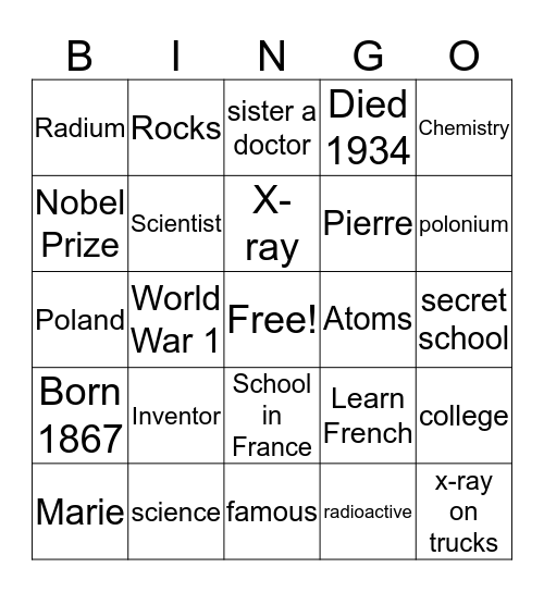 Marie Curie Bingo Card