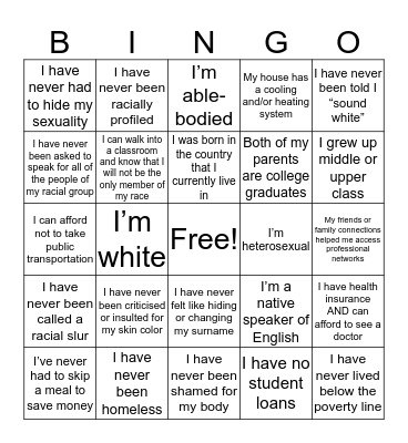 Check Your Privilege Bingo Card