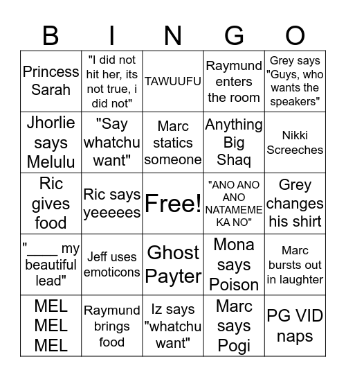 PG CM Bingo Board Bingo Card