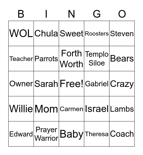 Sylvia's Bingo Card