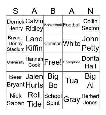 Alabama Bingo Card