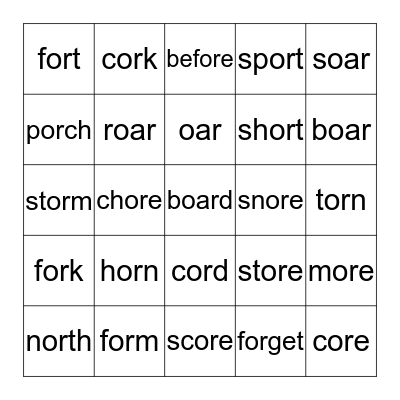 Lesson 66  -or-ore-oar Bingo Card