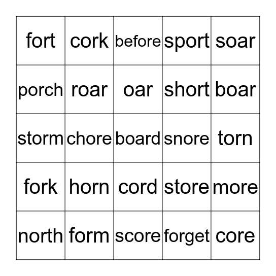 Lesson 66  -or-ore-oar Bingo Card