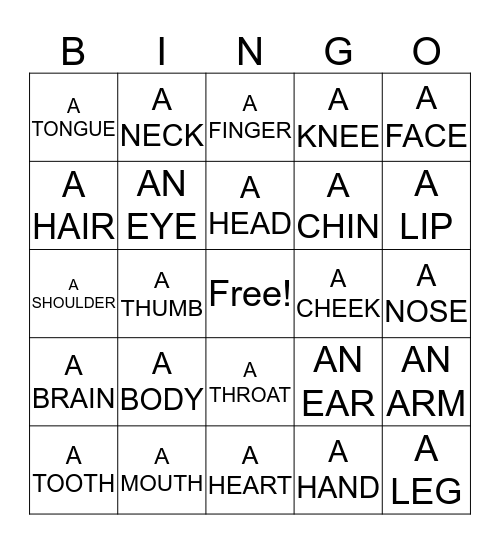 BODY PARTS Bingo Card