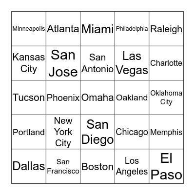 U.S. Most Populated Cities Bingo Card