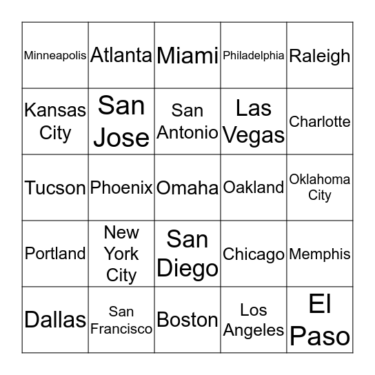 U.S. Most Populated Cities Bingo Card