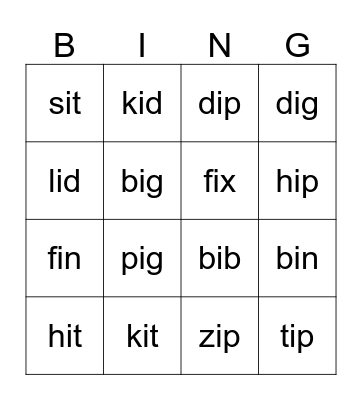 Short i  CVC words Bingo Card