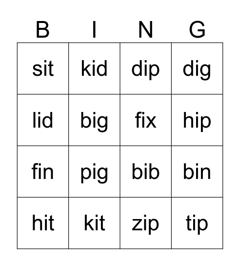 Short i  CVC words Bingo Card
