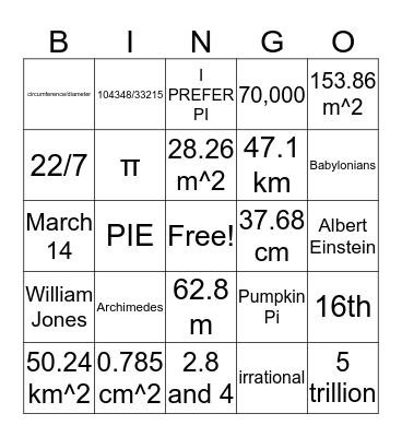 Pi Day Bingo Card