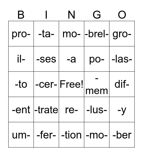 Three Syllable Bingo Card