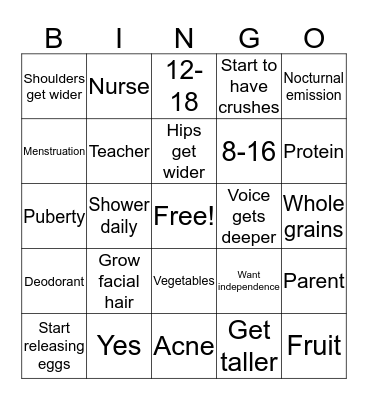 Sexual Education-Boys 4/5 Bingo Card