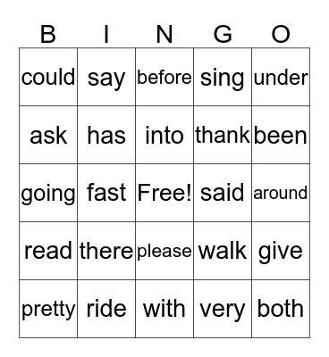 Sight word Bingo Card