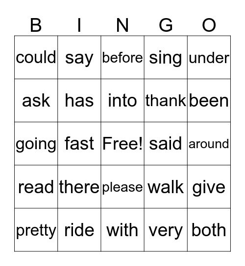 Sight word Bingo Card