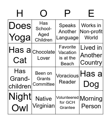 Giving Circle of HOPE Bingo Card