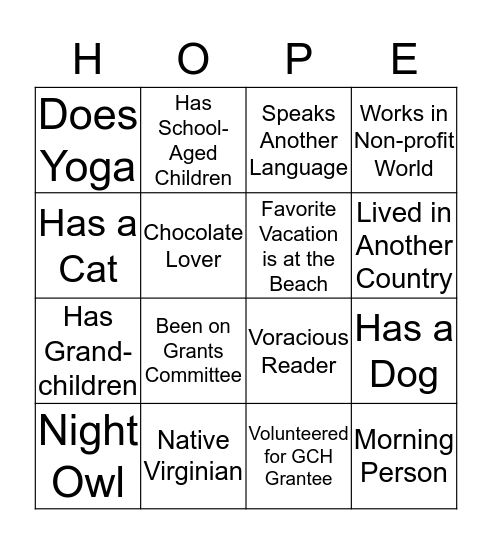 Giving Circle of HOPE Bingo Card