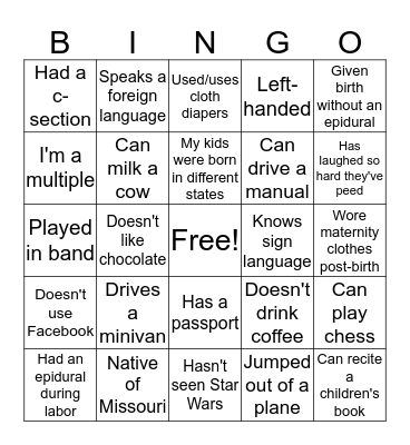 MOPS Mom Life Bingo Card