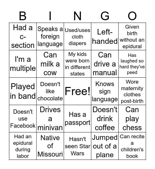 MOPS Mom Life Bingo Card