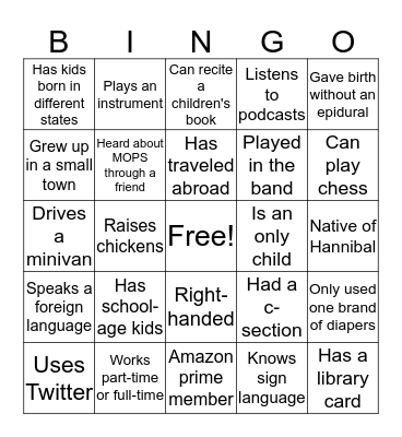 MOPS Mom Life Bingo Card