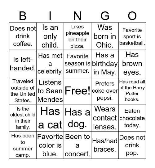 People Bingo! Bingo Card