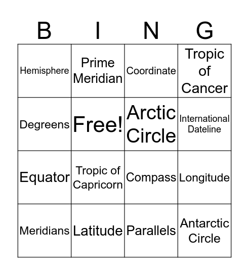 Latitude and Longitude  Bingo Card