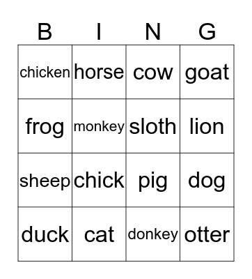 animal Bingo Card