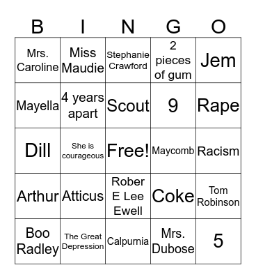 To Kill A Mockingbird Bingo Card